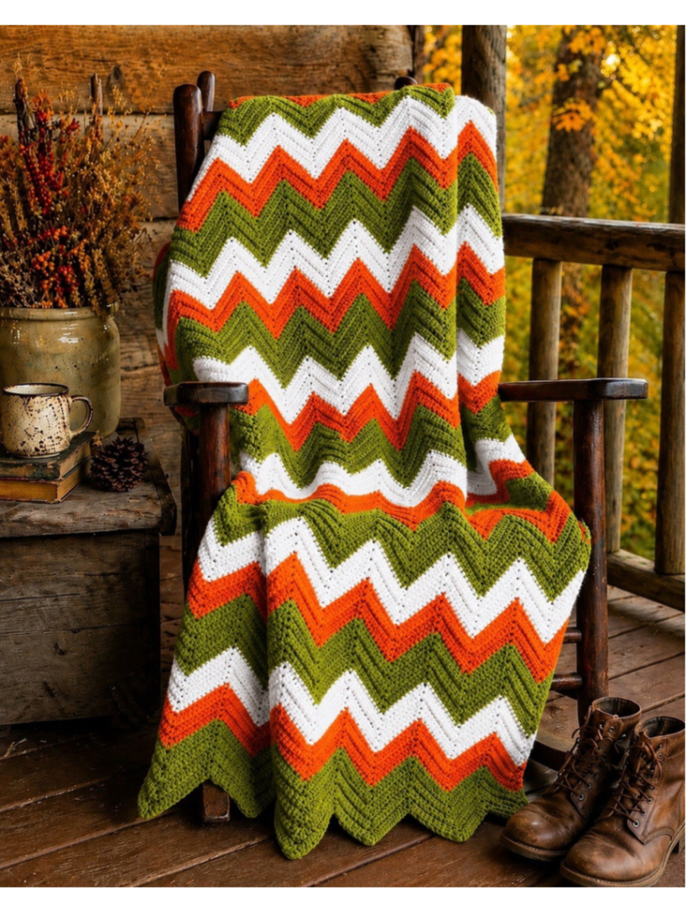 VTG 70s Crochet Chevron Afghan Blanket Green Orange Zig Zag Throw Retro 44 X 76